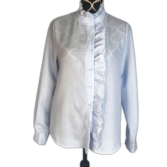 Anna-Kaci Blue White Striped Classic Ruffle Trim Button Front Blouse Size MD - Picture 1 of 8